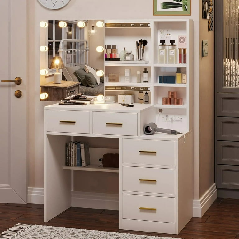 episode Alt det bedste Jeg regner med Tiptiper Vanity Table with Lights, Makeup Vanity Table with Charging  Station, Sliding Mirror and 10 LED Light Bulbs, White - Walmart.com