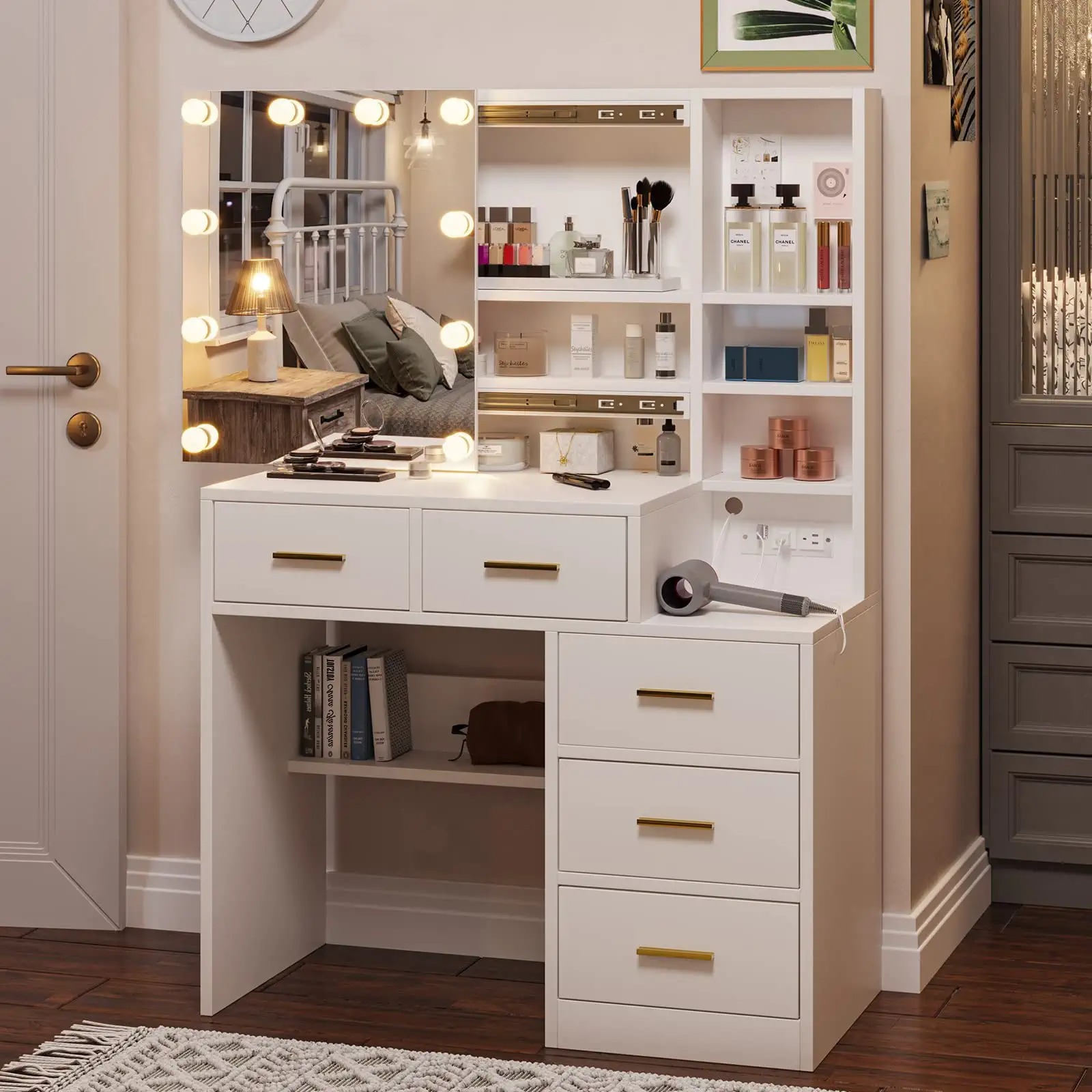 White Vanity Set Desk Table with 10 LED Lights & Charging Station 
