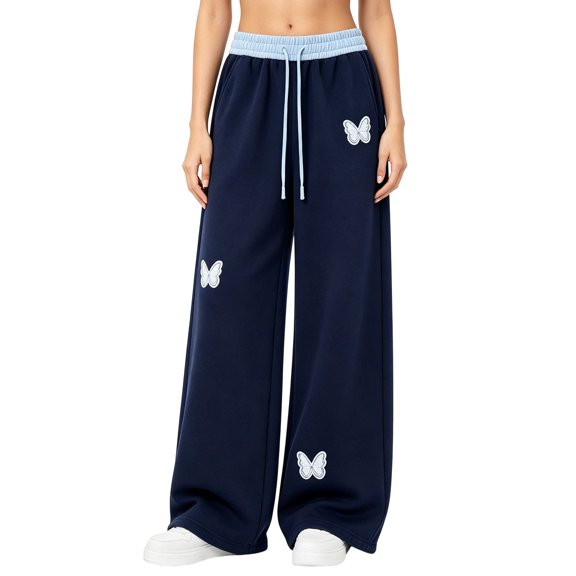 XXWXYD Girls Wide Leg Sweatpants Butterfly Embroidery Casual Loose Trousers Elastic Drawstring Waist Soft Knit Pants with Pockets for Cute Girls School