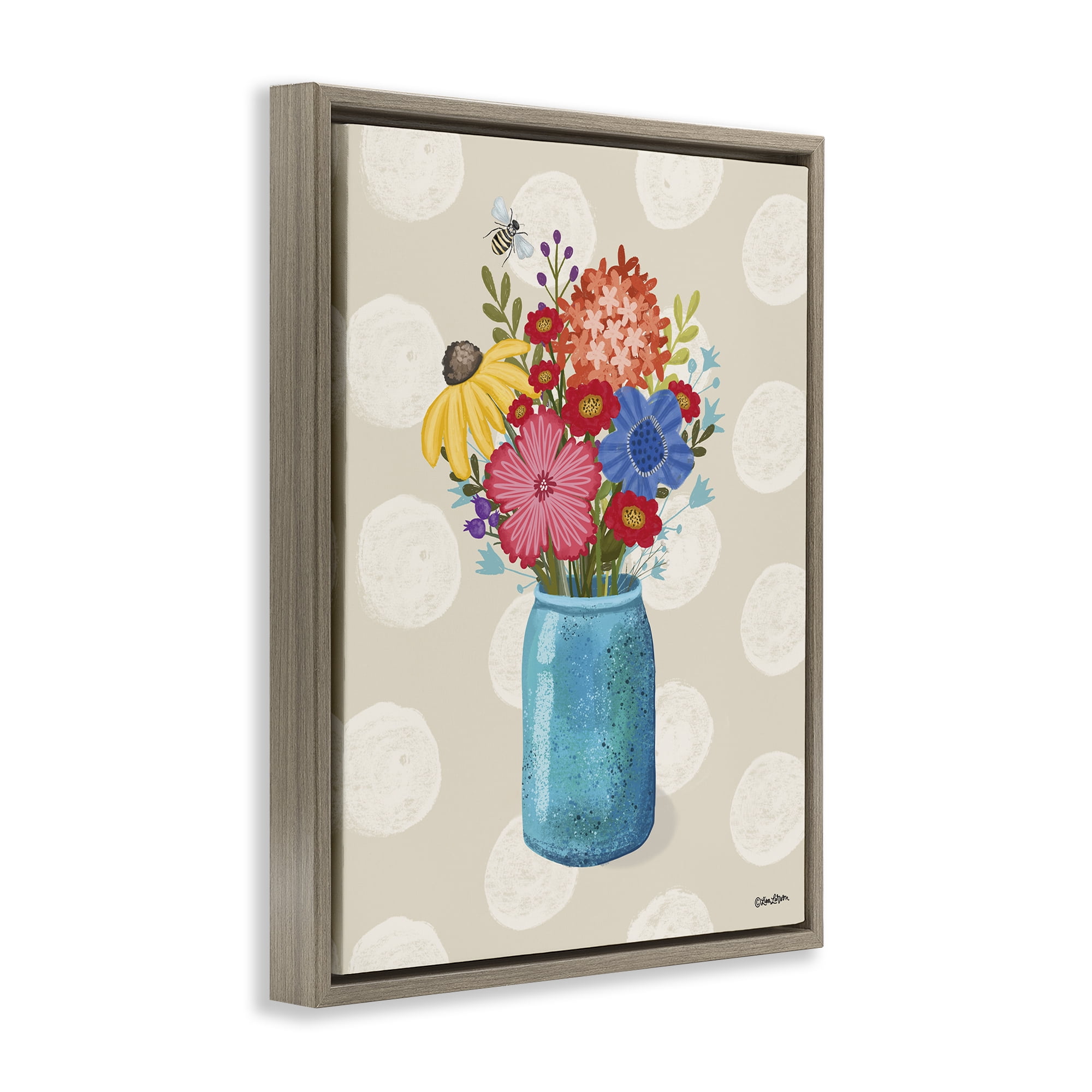 Stupell Industries Polka Dot Flower Vase Plants & Flowers Painting Brown Floater Framed Canvas Art Print Wall Art, 25 x 31