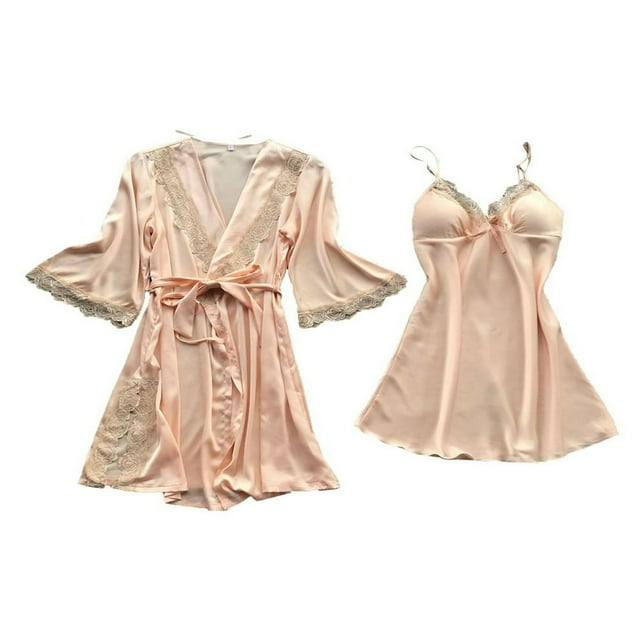 Women‘s 3Pcs Silk Satin Lingerie Set Robe and Dress and G-String Nightie Gown Sets Sleepwear Pyjamas