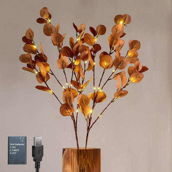 Vorkoi Lighted Artificial Eucalyptus Branches with Timer, Light Up Eucalyptus Branches 30in 38 Led, Battery Powered Vase Lights, Greenery Plant for Home Christmas Party Wedding Decor Indoor Outdoor