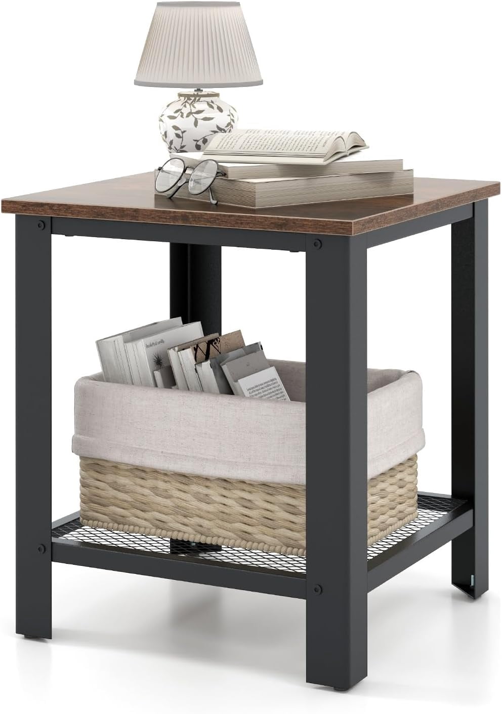 2-Tier Nightstand, Sofa Side Table with Storage Mesh Shelf, Square Coffee Table, Bedside Table with Metal Frame Wood End Table for Office, Bedroom, Brown