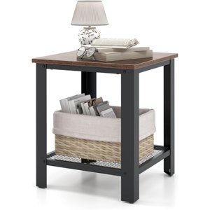 2-Tier Table de chevet, Canapé Table d'appoint avec étagère de rangement en mailles, Table de café carrée, Table à coucher avec cadre en métal Table de fin en bois pour bureau, Chambre, Brown