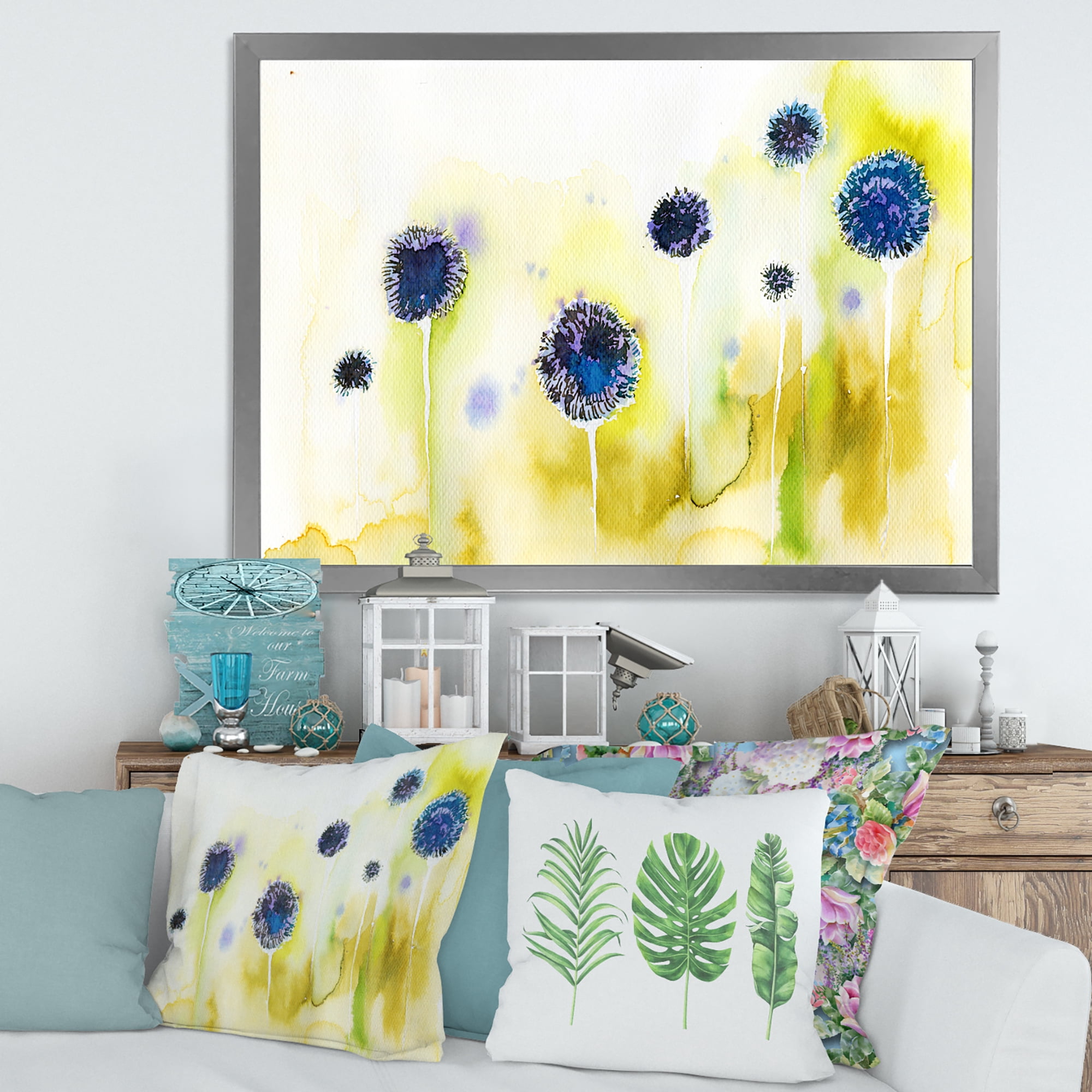 Designart 'Abstract Blue Flowers In The Meadow' Traditional Framed Art Print