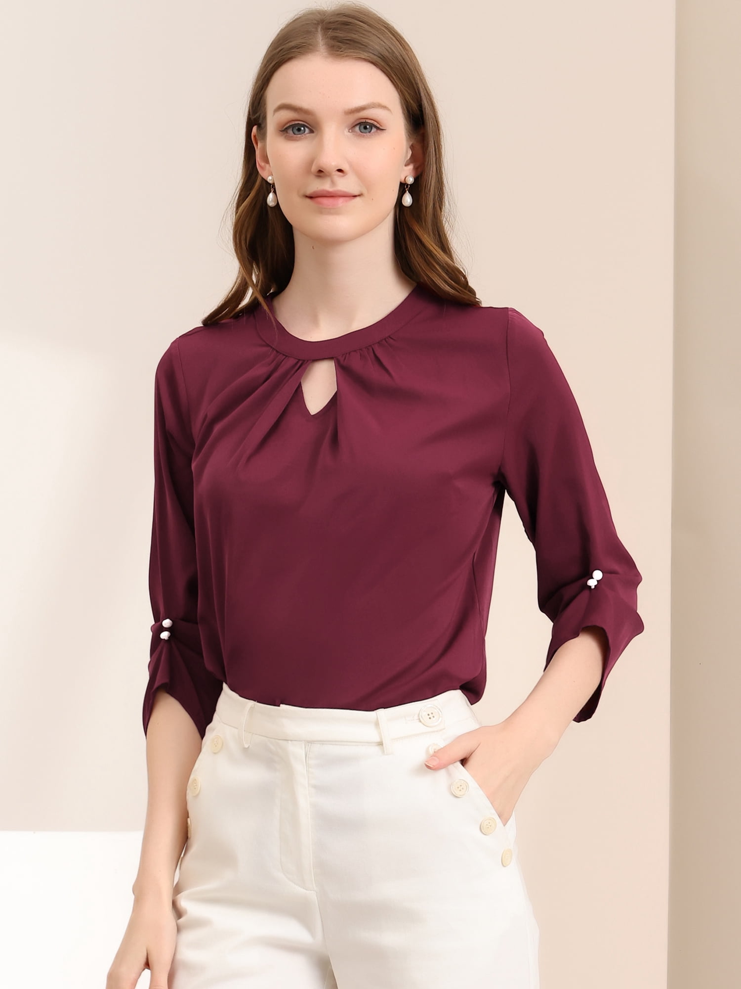 DARING DIVA Round Neck Keyhole Pleated Shirred Work Top M Wine Red