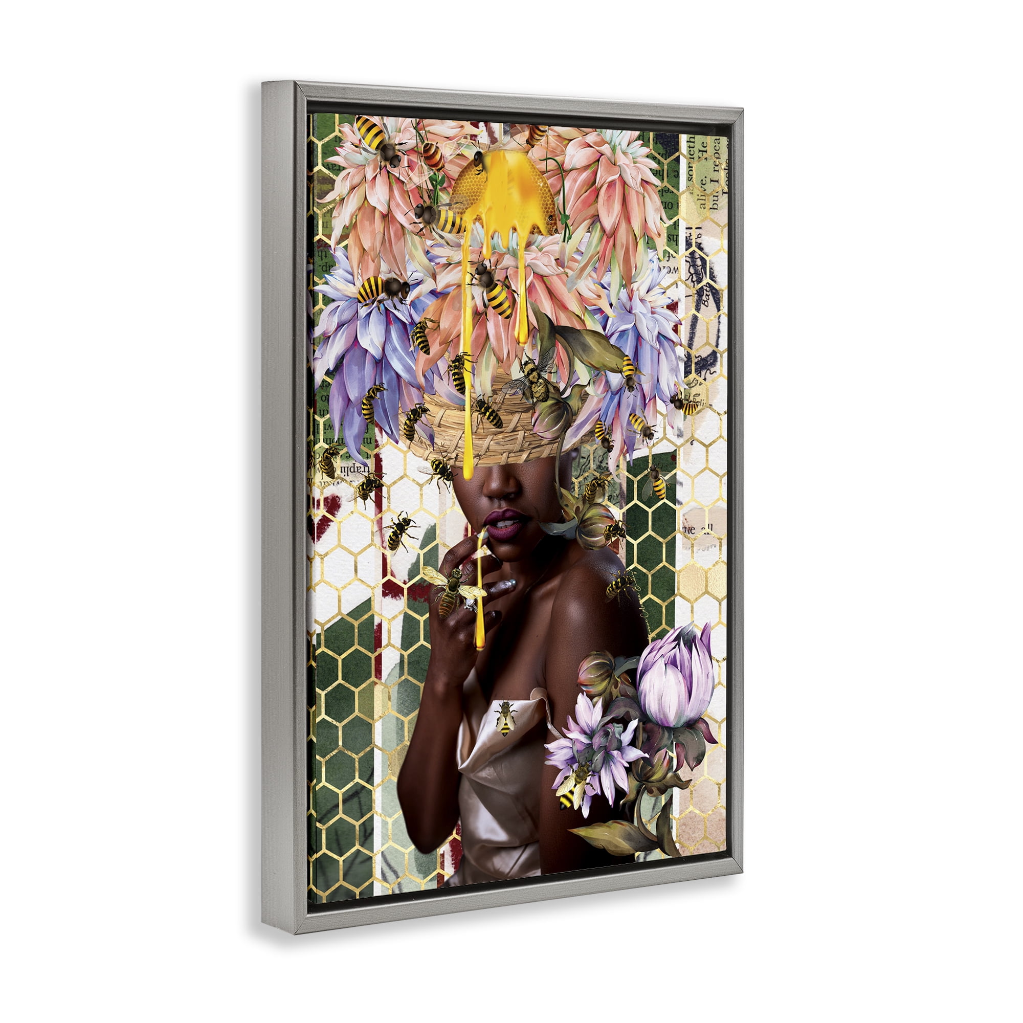 Stupell Industries Glam & Honeycomb Queen Bee Abstract Painting Gray Floater Framed Canvas Art Print Wall Art, 17 x 25
