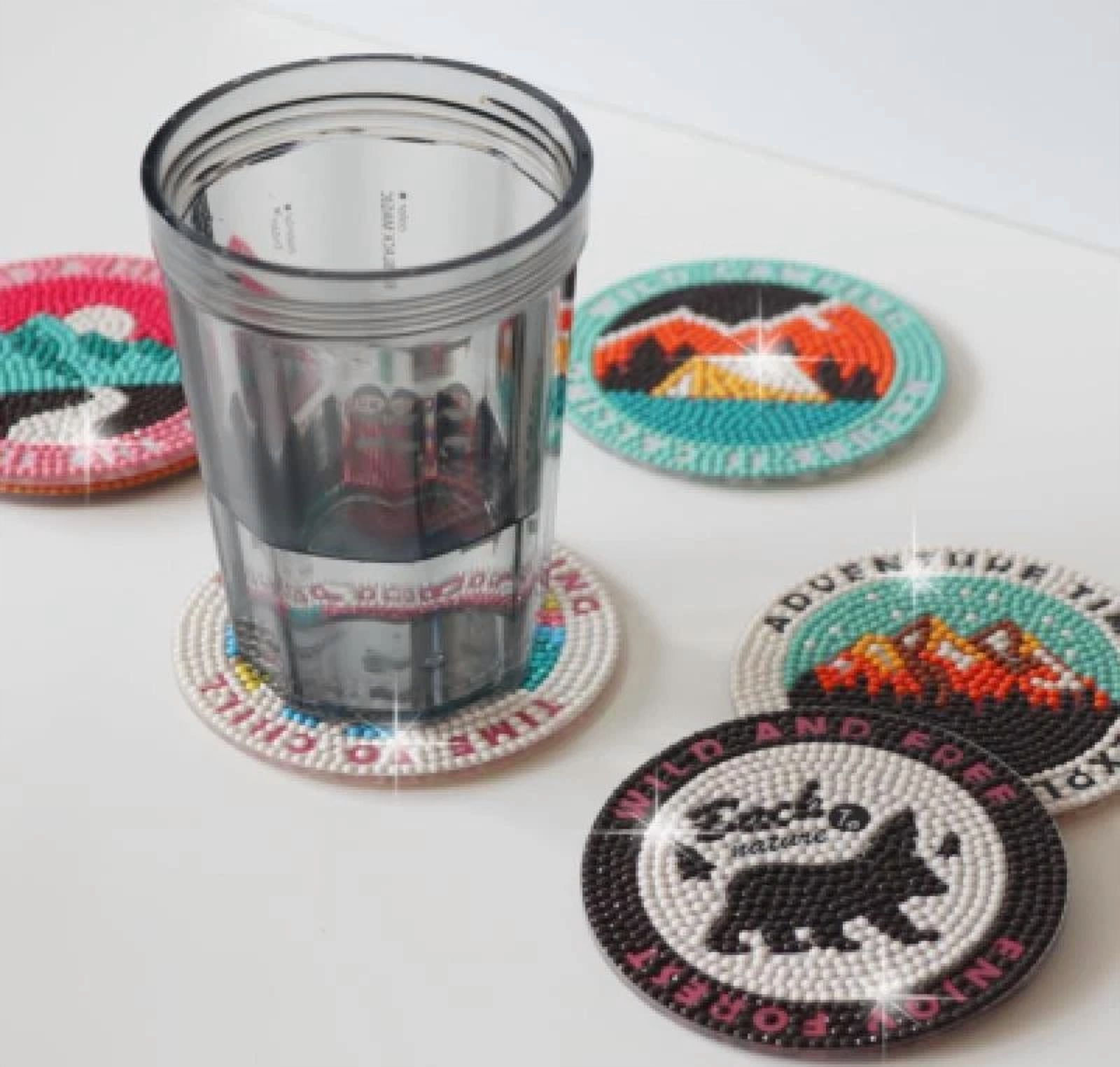 FLINT - 6 Pcs Diamond Painted Coasters With Stand Diy Outdoor Camping Style Coasters