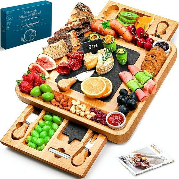 Cooked Food Board, Bamboo Cheese Board, Appetizer And Cheese  With 2 Drawers, Serving Knife, 2 Ceramic Bowls - Unique Thanksgiving Gifts, Home Gifts, Wedding Gifts, Bride Gifts