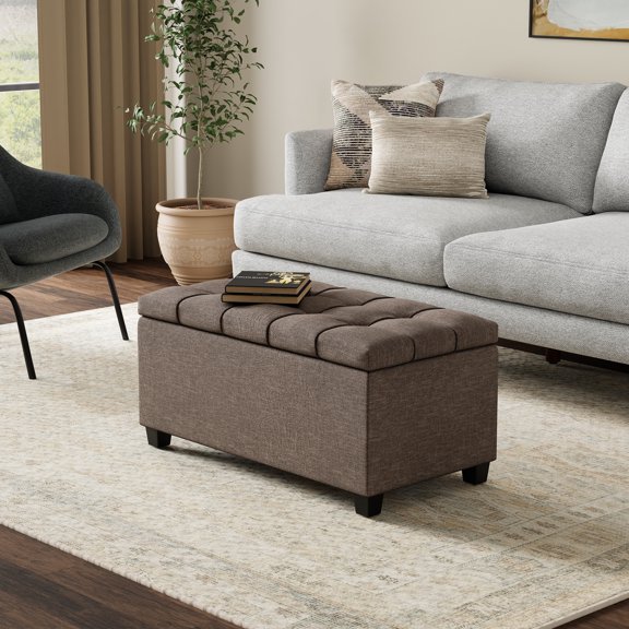 Sienna 34" Transitional Rectangle Ottoman Bench in Fawn Brown Linen Look Fabric