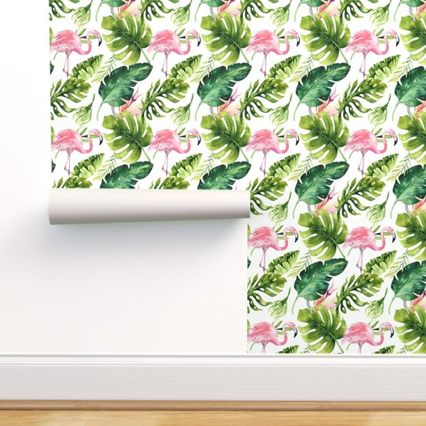 Peel-and-Stick Removable Wallpaper Tropical Paradise Flamingos Pink