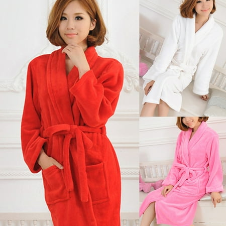 

Pontos Chic Women Men Solid Color Long Sleeve Pocket Sash Bathrobe Sleepwear Nightwear
