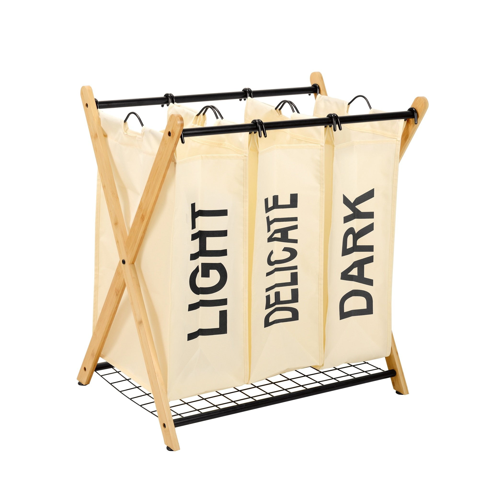 Oceanstar X-Frame Bamboo 3-Bag Laundry Sorter with White Bags