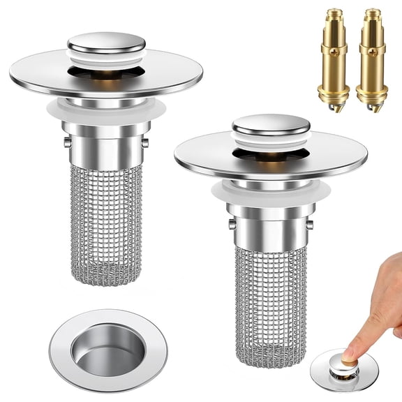 Bathroom Sink Drain Strainer, Pop Up Sink Drain Filter with Removable Stainless Steel Filter Basket Hair Catcher, Bathroom Sink Drain Stopper, for Us Bathroom Sink Stopper Replacement (2 Pcs)