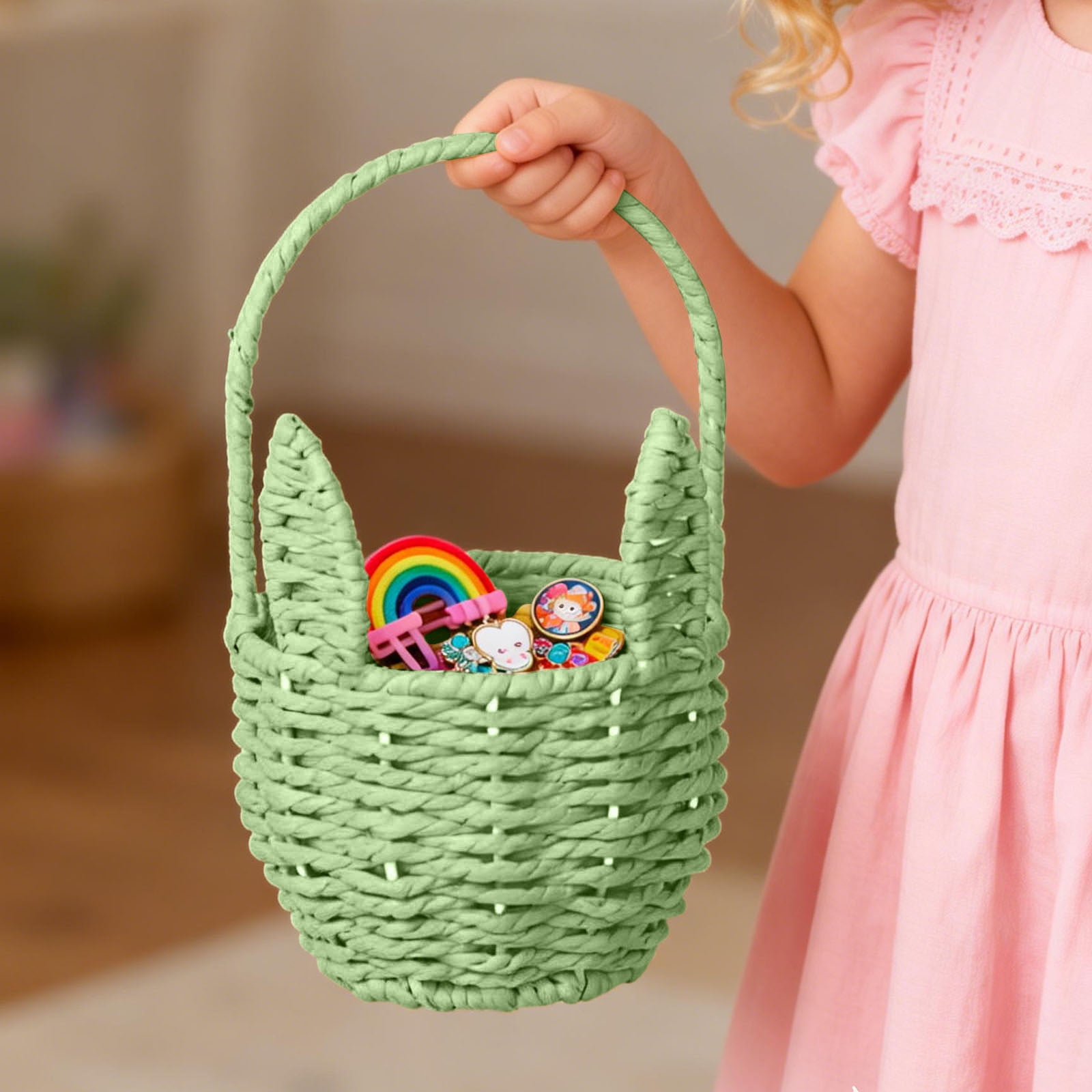 Woven Easter Bunny Basket, Handwoven Storage Basket with Handle, Cute Rabbit Shaped Basket for Baby Shower Party Favors, Nursery Organizer & Picnic