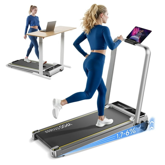 YPOO Folding Treadmill with Incline 3.5% and Handle, 3 Display Screen Walking Pad for Home and Office Fitness Workout, 300 lb Capacity, Silver