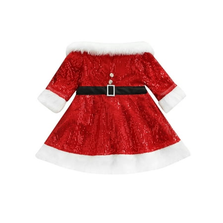 

Sunisery Kids Baby Girls Christmas Dress Sequin Party Sweet Dress Long Sleeve Off Shoulder Dress with Belt Red 18-24 Months