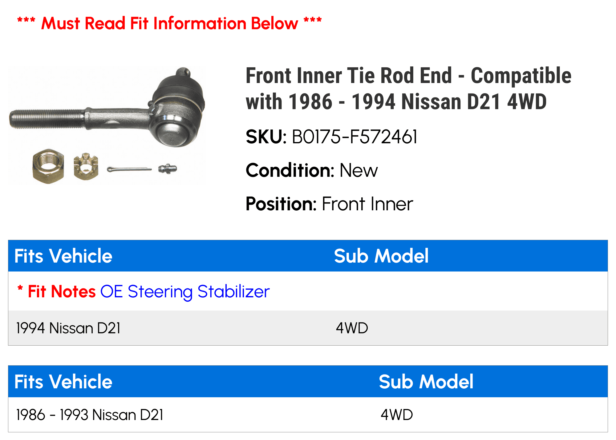 Front Inner Tie Rod End - Compatible with 1986 - 1994 Nissan D21 4WD - Moog
