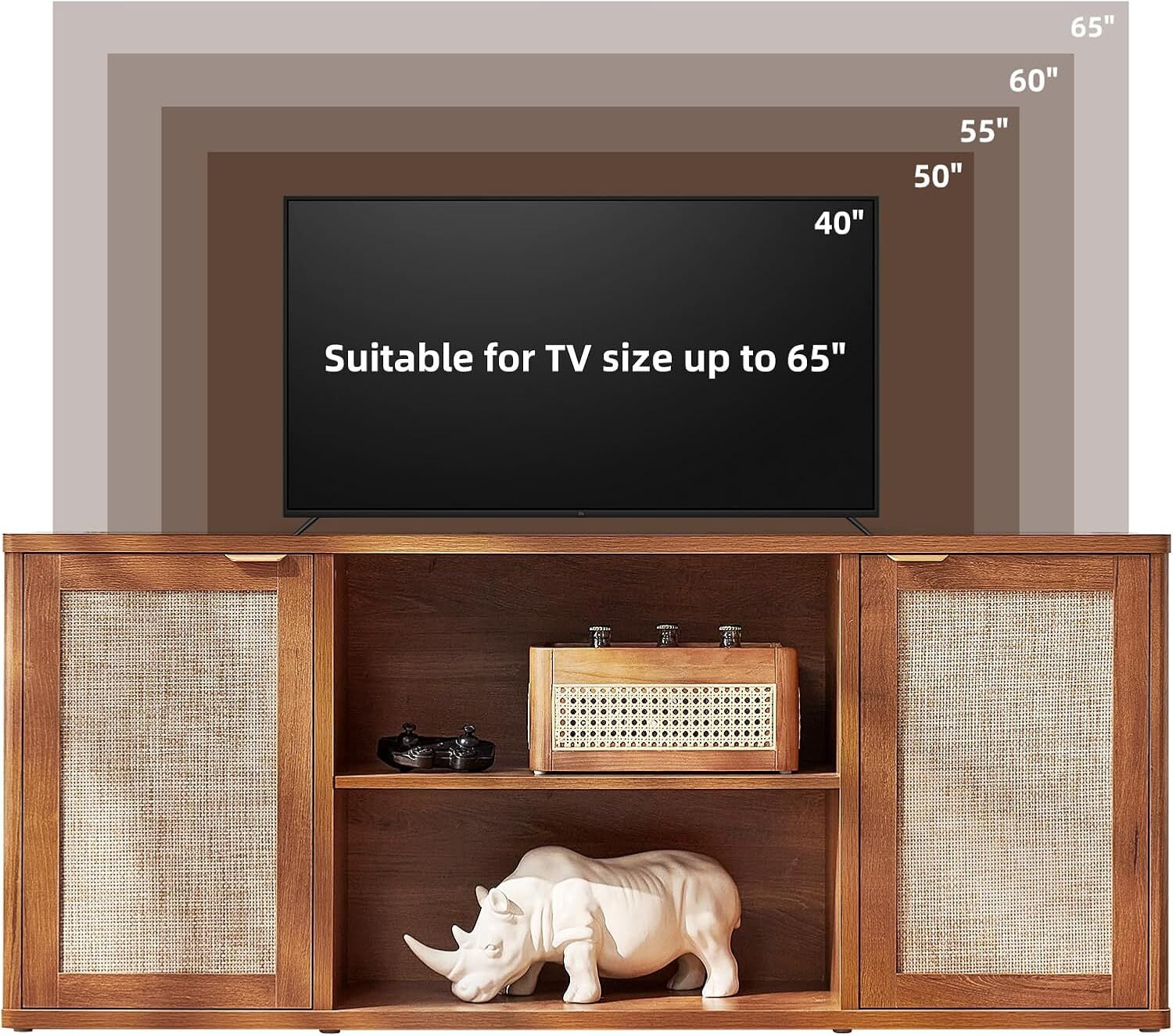 LEYAOYAO Boho Rattan TV Stand, Tea Brown Media Console with Open Shelf & Storage, Fits 50-65 Inch TV, Rustic Entertainment Center