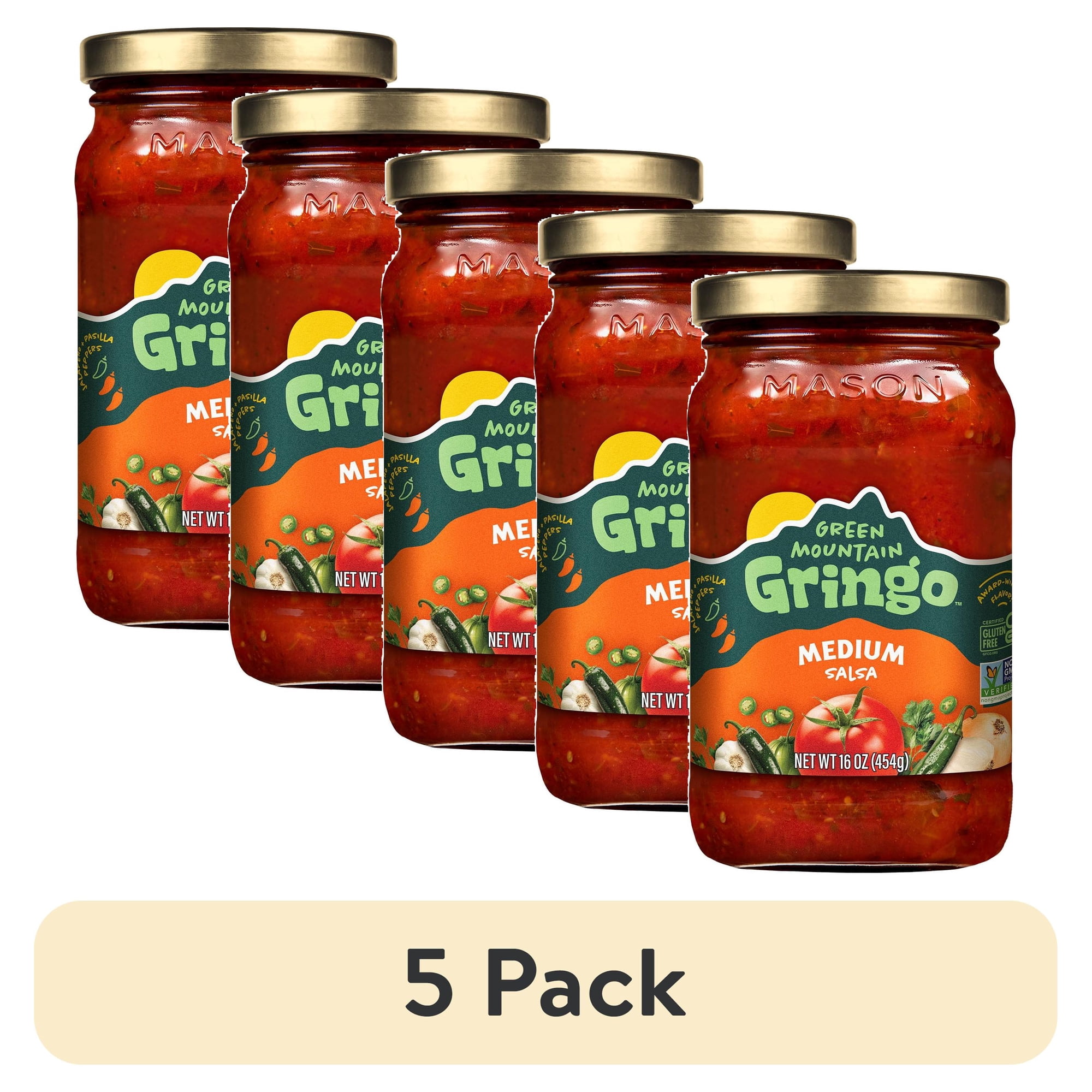 (5 pack) Green Mountain Gringo Medium Salsa 16oz Gluten-Free Certified Non-GMO Project Verified