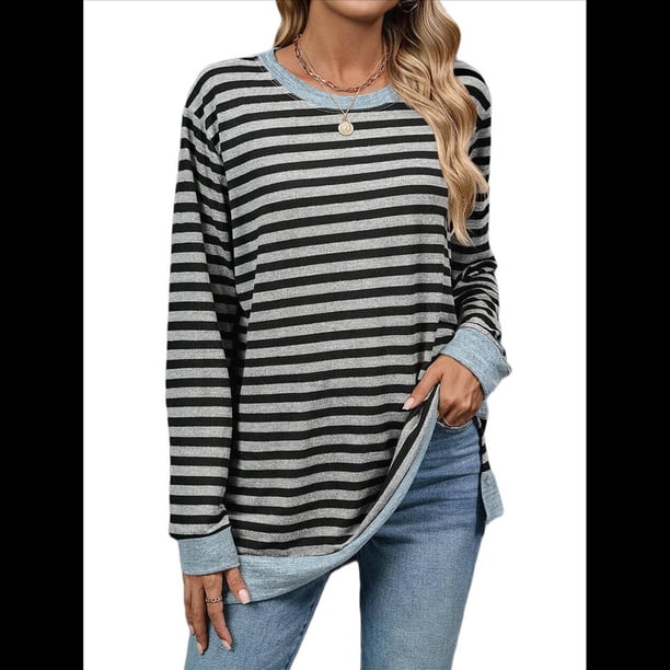 Camisa Informal de Larga A Rayas para Mujer, , con Cuello Redondo, Ajustada, Holgada, Básica Gris Negro S