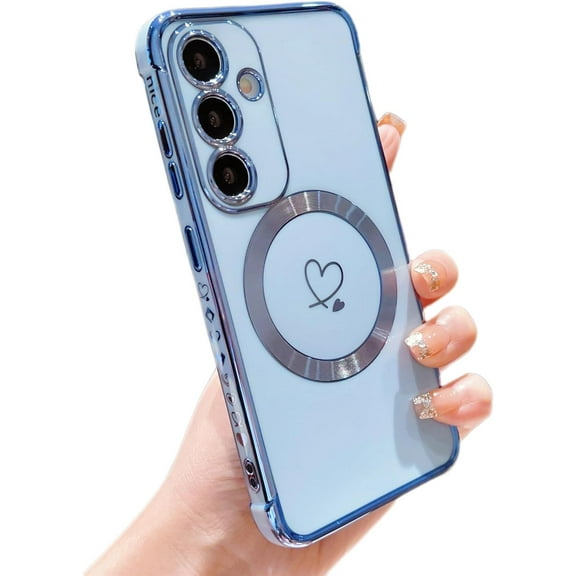 Magnetic Case for Samsung Galaxy S23 FE 5G Case[Compatible with MagSafe] Cute Plating Love Hearts Pattern Case with Camera Protection,Soft Shockproof TPU Bumper Cover for Women Girls,Blue