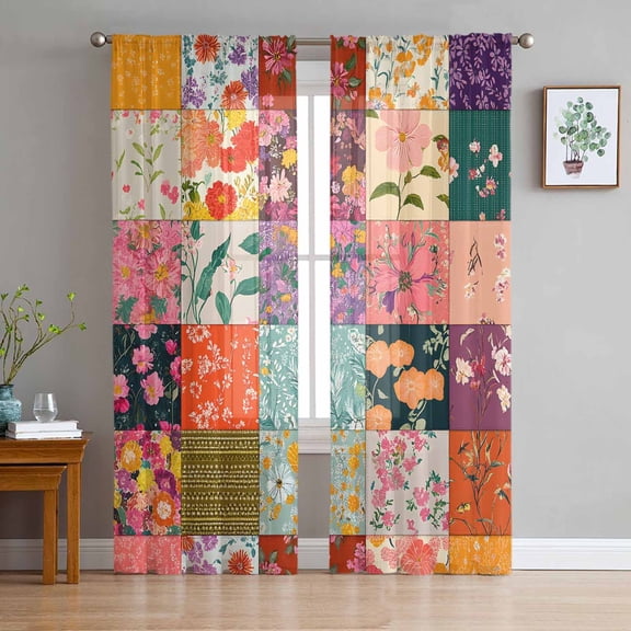 Spring Floral Sheer Curtains 96 Inch Length 2 Panels Set for Living Room/Bedroom, Colorful Summer Botanical Vintage Plaid Semi Curtain Sheers Drapes Rod Pocket Curtains Window Treatment 52''x96''x2