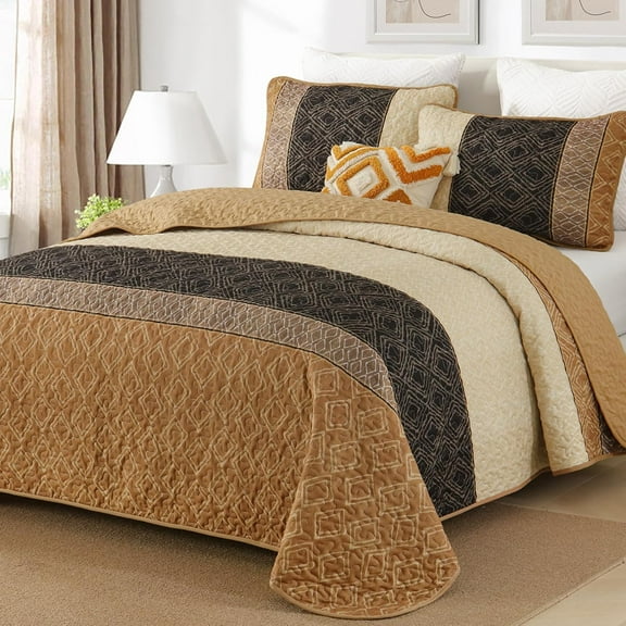 Queen Quilt Set 3 Pieces,Brown Striped Bedspread,Plaid Bedding Set Soft Microfiber Quilt with 2 Pillow Shams 96"x90"