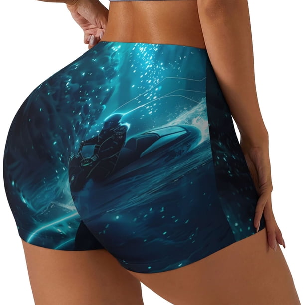 Fotbe Futuristic Jet Ski Adventure Shorts Sin Costuras – Shorts Deportivos de Cintura Alta para Mujer, Elásticos para Gimnasio, Yoga, Running o Ciclismo-Small