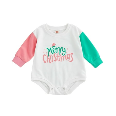 

Sunisery Kids Baby Girls Merry Christmas Romper Long Sleeve Letter Print Patchwork Jumpsuit Sweatshirt