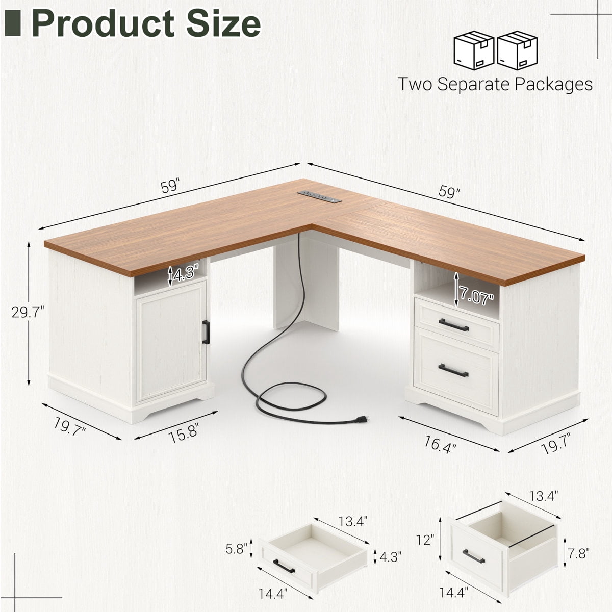 Homieasy L Shaped Executive Desk with File Drawers and  Power Outlets, Home Office Table with Storage Cabinet, Sturdy Writing Desk, White and Brown