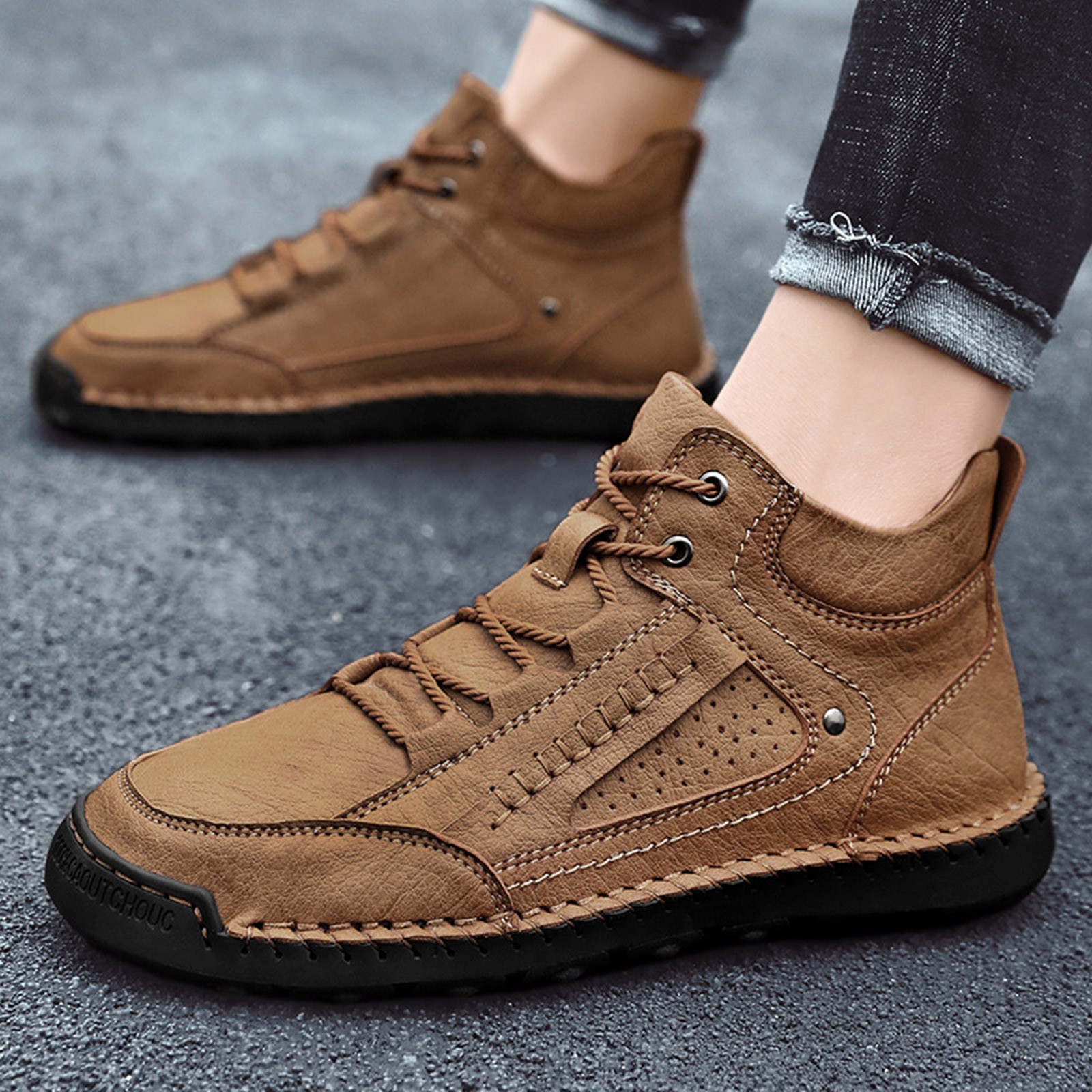 CBGELRT Shoes for Men Fashion Men's Sneakers Black Tennis Shoes Men 2022 New Large Size Cross Handmade Retro Stitched Leather Comfortable Casual Shoes Male Beige 44 - image 2 of 9