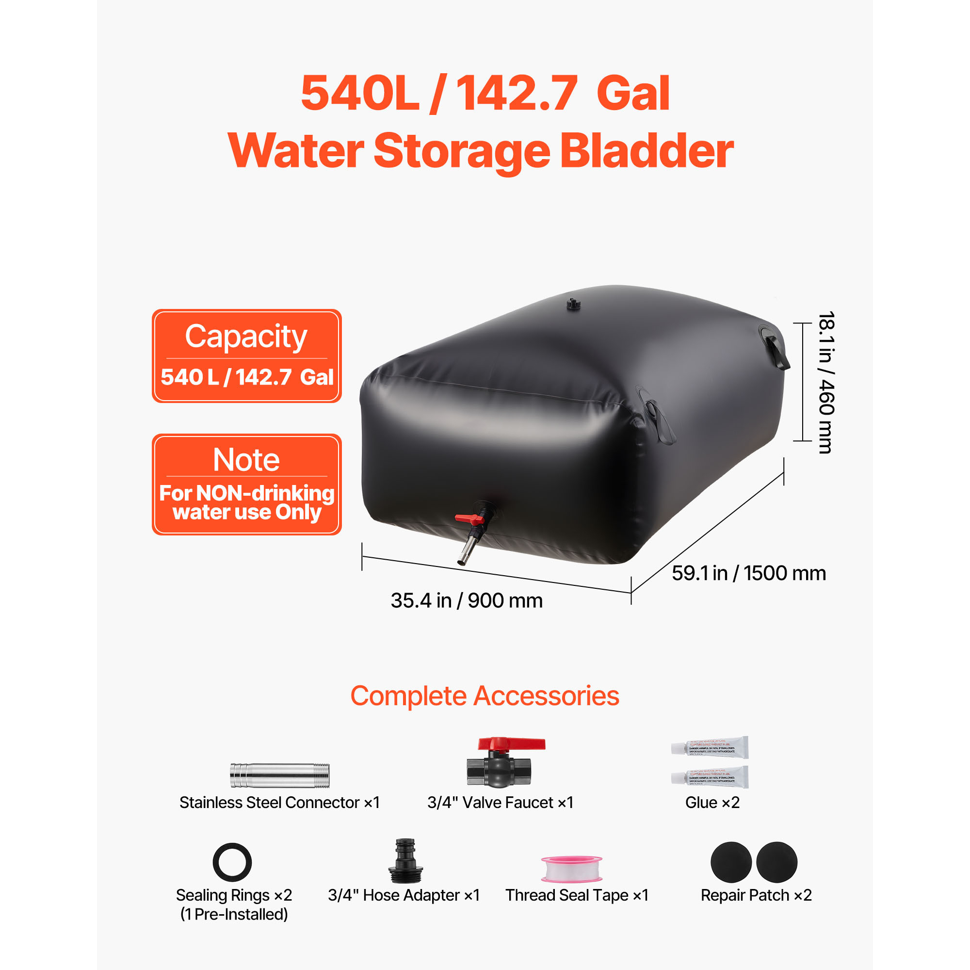 KFFKFF 142.7 Gallon Portable Water Storage Bladder, Collapsible and Durable PVC Water Container, Leak-Resistant Emergency Water Tank for Outdoor, RV, and Truck Applications