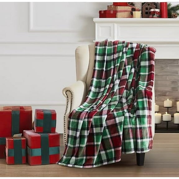 Serafina Home Christmas Holiday Throw Blanket: Country Rustic Red Green White Black Plaid Traditional Tartan Design