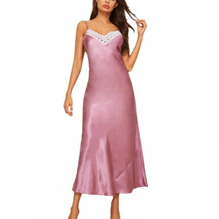 

Satin Long Nightgowns for Women Silk Lace Chemise Sleepshirt Sexy Cami Sleeveless Full Slip Nightdress