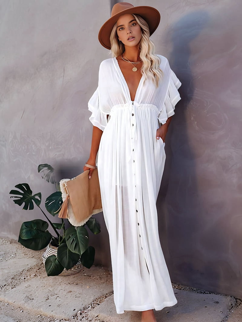 Women'S Casual Summer Beach Dress Ruffle Maxi Dress Button Down Boho Dress Long Tunic White One size - Walmart.com