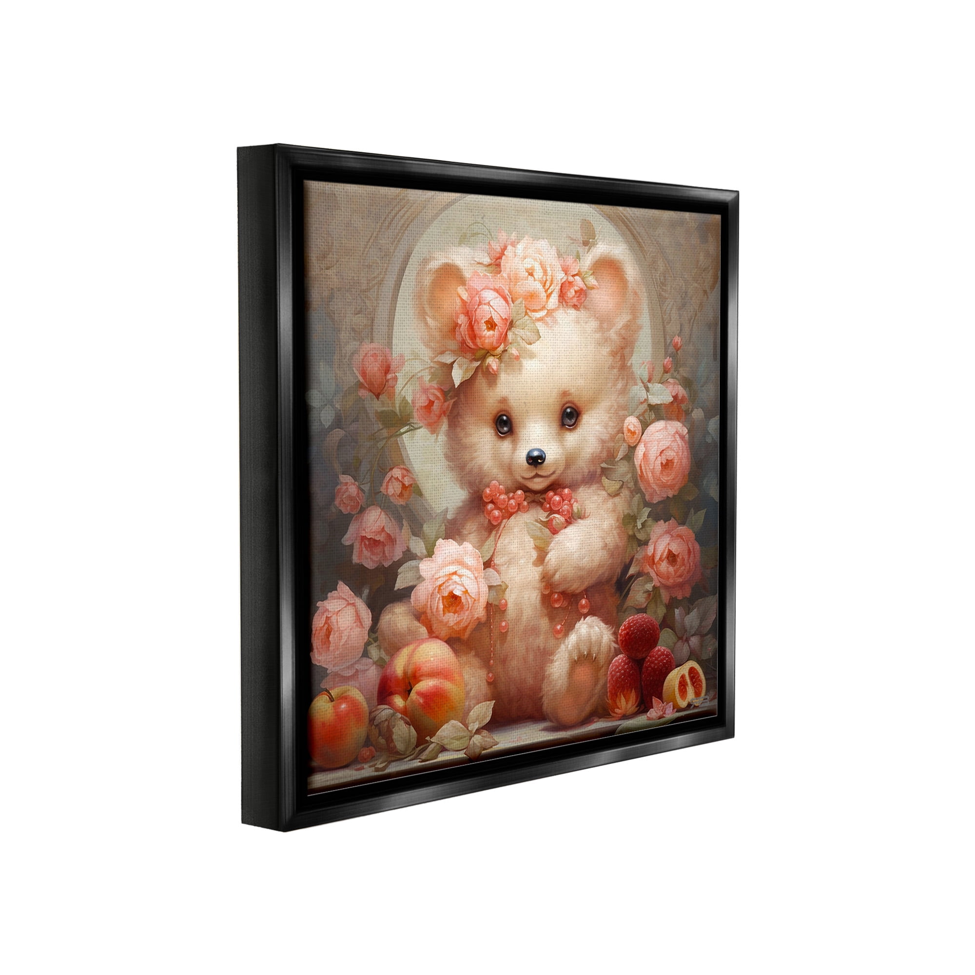Stupell Industries Bear with Fruits & Flowers Animals & Insects Painting Black Floater Framed Canvas Art Print Wall Art, 25 x 25