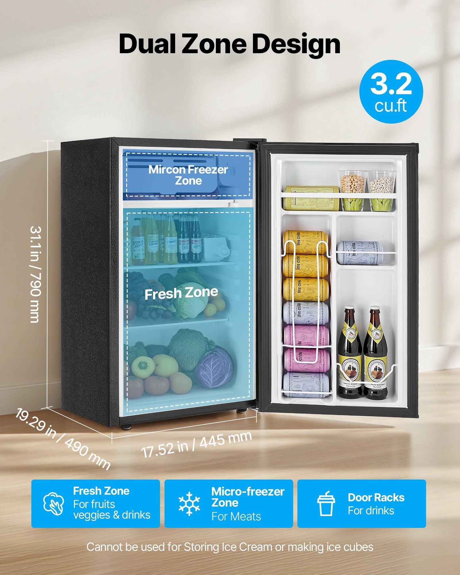 Mini Fridge, 3.2 Cu.Ft, Single Door Compact Refrigerator, Adjustable Temperature, Glass Shelf, Energy Efficient Small Refrigerator, Reversible Door, Low Noise, for Bedroom Dorm Office, Black