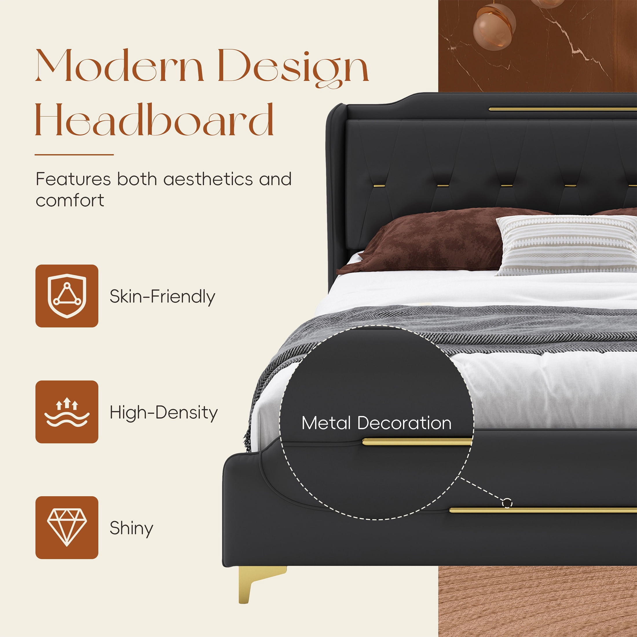 PORKISS Queen Size Bed Frame with PU Leather Upholstered Headboard, No Box Spring Needed, Black