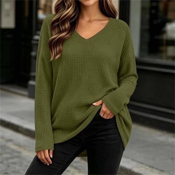 Bnwani Plus Size Blouses for Women Waffle Pattern Slim Shirts Long Sleeve V-Neck Tops Elegant Army Green L