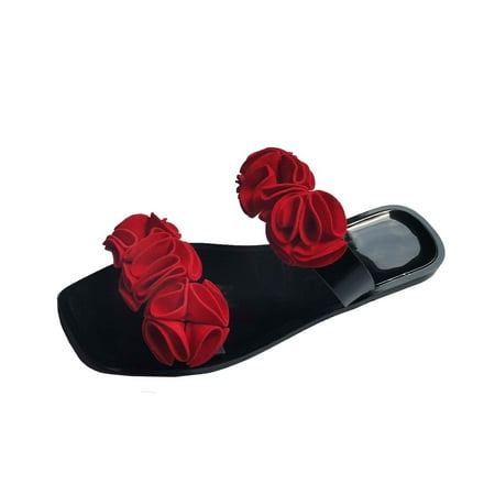 

Sandals for Women Flat Sweet Elegant Boho Flowers Sandals Casual Square Flat Slippers Beach Shoes Outdoor Sandals Summer Loafers Slippers