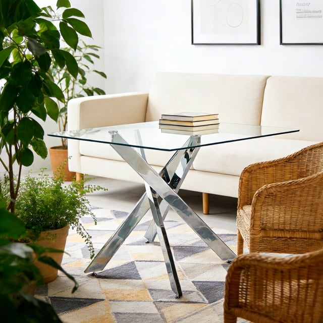 Square Glass Dining Table - 90x90cm Chrome Base | Modern Industrial Table for Living Room, Condo & Canadian Homes