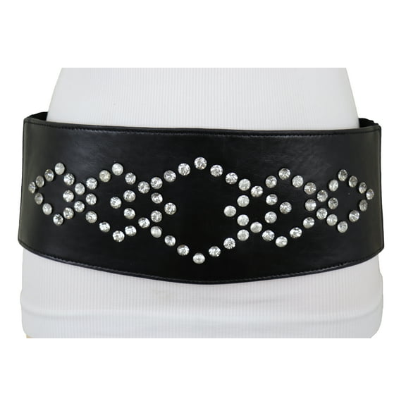Women Wide Faux Leather Black Elastic Belt Silver Squares S M