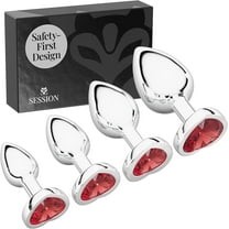 Session Butt Plugs, 4-Piece Training Set, Anal Plug Toys, Stainless Steel Jewel Charm, Silver & Red, Heart Shape