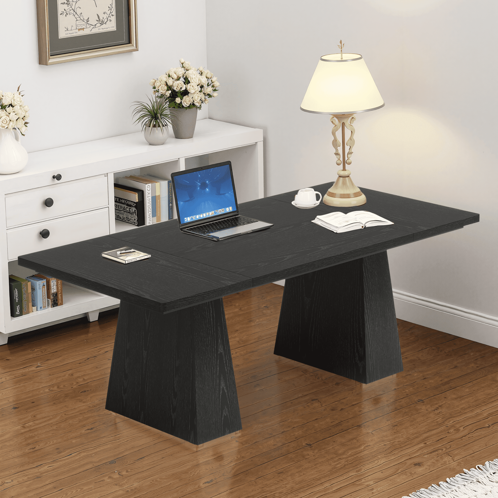 MAYEERTY 63" Executive Desk, Multifunctional Study Writing Gaming Desk with Curved Edges for Home Office