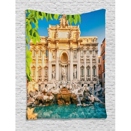 Italy Tapestry, Fountain Di Trevi Famous Travel Destination Tourist Attraction European Landmark, Wall Hanging for Bedroom Living Room Dorm Decor, 60W X 80L Inches, Multicolor, by