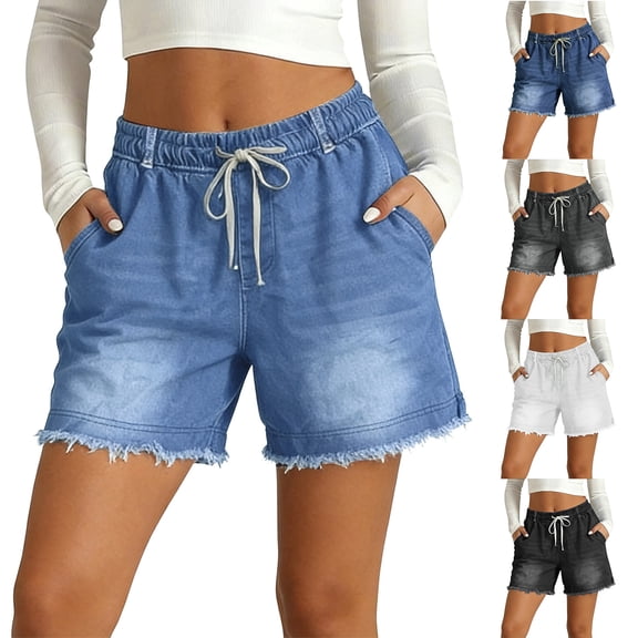 UDAUDU Jean Shorts for Women Trendy High Waisted Drawstring Stretchy Comfy Denim Shorts Raw Hem Casual Summer with Pockets Sky Blue L