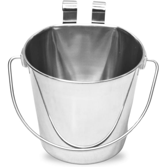 SHIQI-Heavy Duty Stainless Steel 2 Qt Flat Sided Dog Buckets - Dual Hooks Hanging Food & Water Bucket Dogs, Kennels, Cages and Critter Crates - Multi Purpose Pet Pails (2 Quarts)