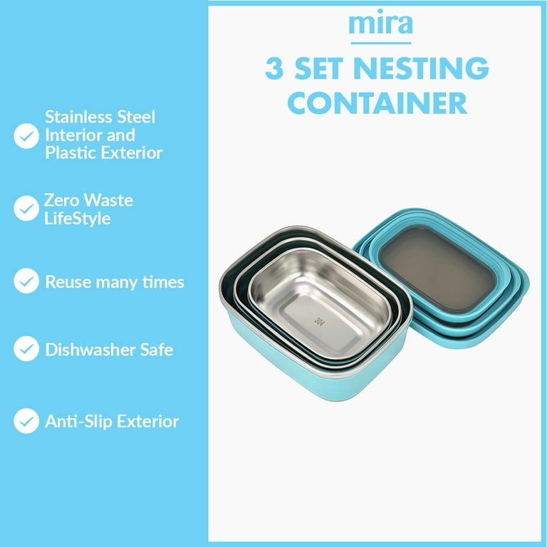 Mira 3 Set Food Storage Containers with Lids, Stainless Steel Reusable Lunch & Food Nesting Containers, Gray