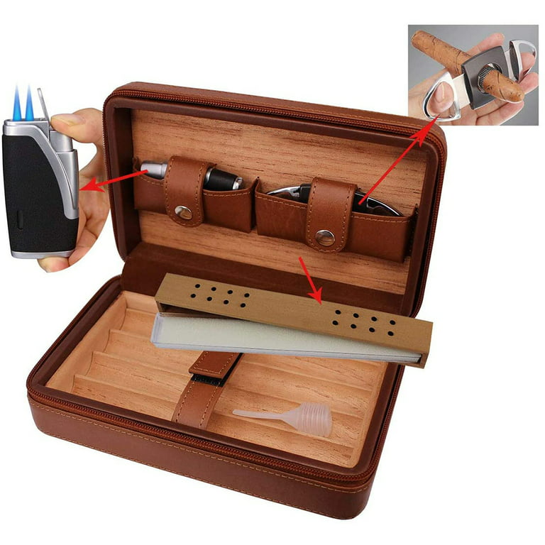 Cigar Humidor, Leather Cedar Wood Cigar Case with Cigar Lighter, Portable  Travel Cigar Humidor Box with Humidifier, Cigar Gift Set,Black 